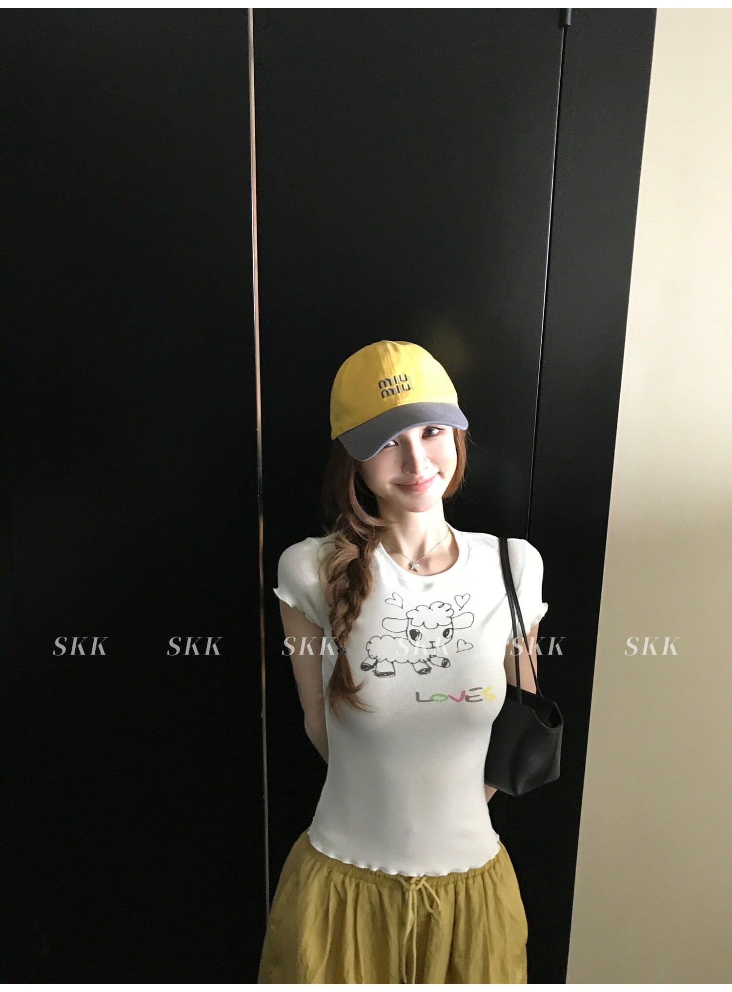 sk1ms 부활절 t 신선함 밝은 봄 여름 색상 순수한 욕망 느긋한 어린 양 프린트 하트 어두운 꽃 레이스 티셔츠 상세 이미지 5