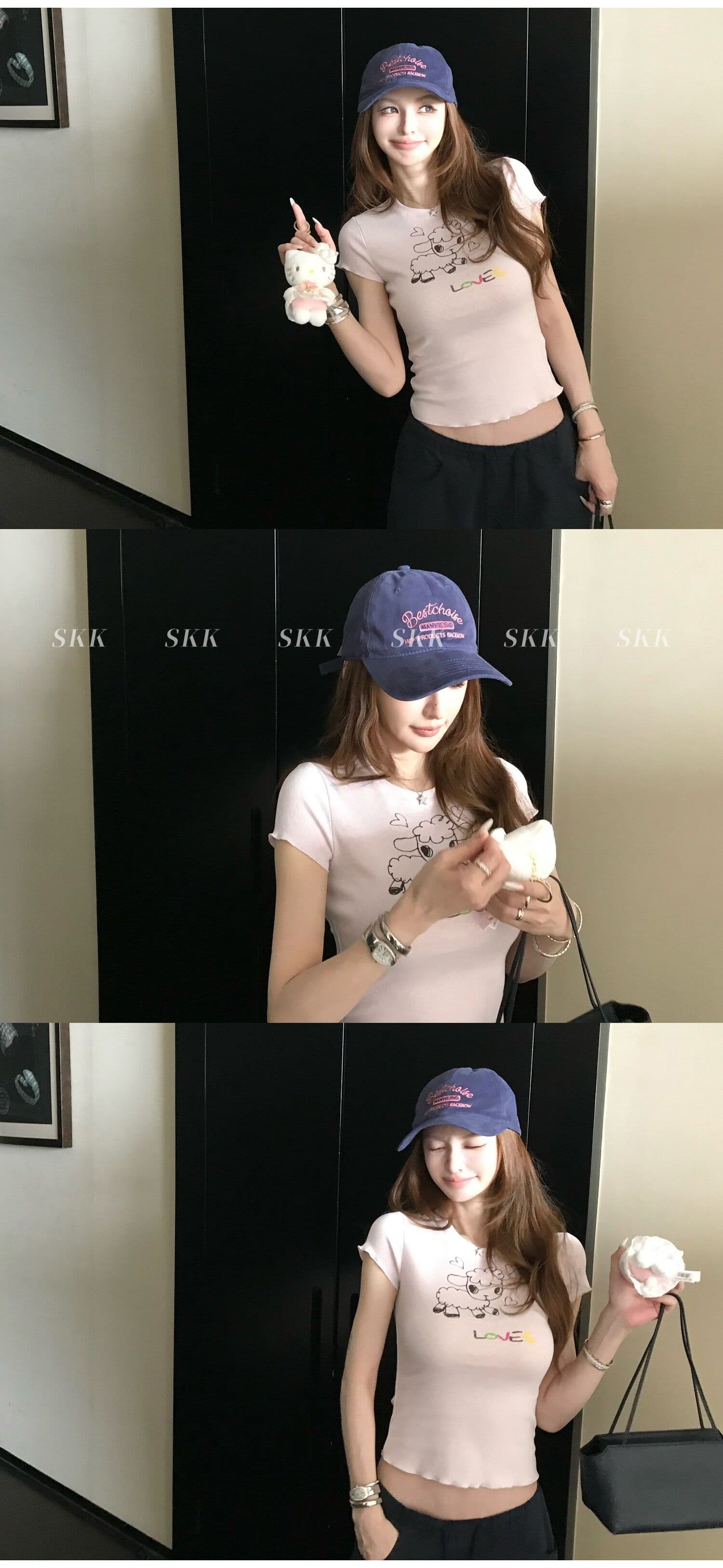 sk1ms 부활절 t 신선함 밝은 봄 여름 색상 순수한 욕망 느긋한 어린 양 프린트 하트 어두운 꽃 레이스 티셔츠 상세 이미지 7