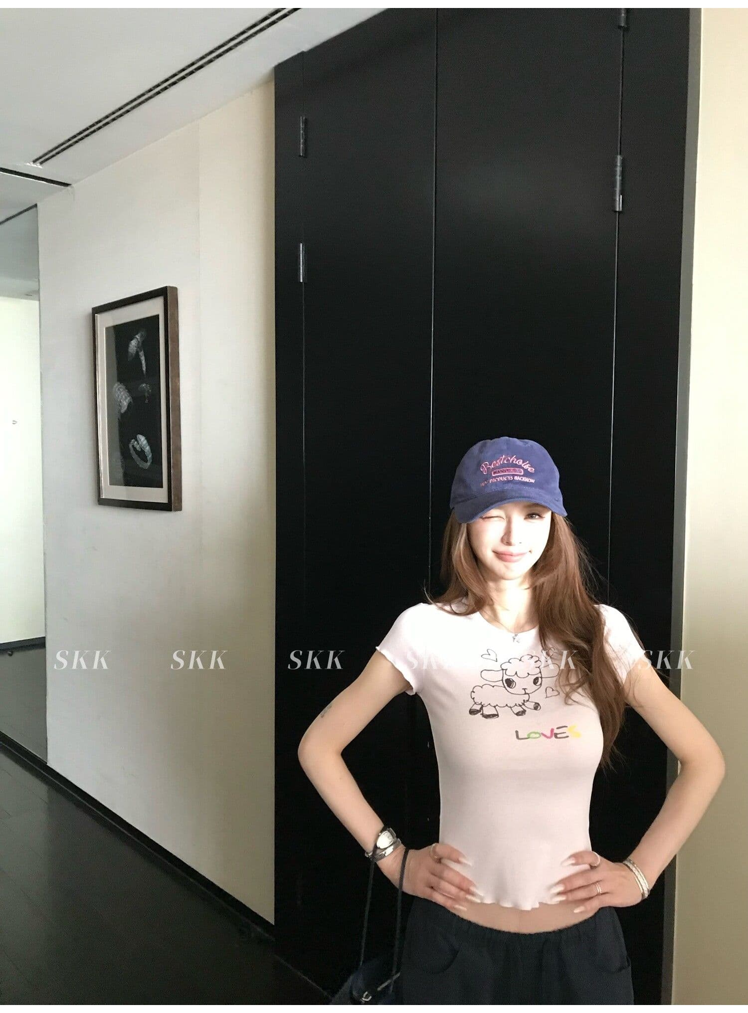 sk1ms 부활절 t 신선함 밝은 봄 여름 색상 순수한 욕망 느긋한 어린 양 프린트 하트 어두운 꽃 레이스 티셔츠 상세 이미지 14