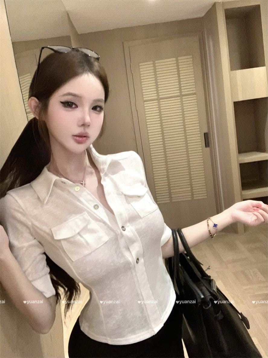 게으른 면 고급 센스 화이트 폴로 칼라 중간 소매 셔츠 여름 슬림해 보이는 허리 수축 plo 셔츠 작은 대중 핫걸 티셔츠 맨위 상세 이미지 11