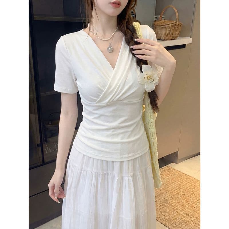 도파민 품격 십자가 V넥 꼬집기 허리 캐주얼 여름 새로운 패션 다용도 긍정적 인 어깨 반팔 티셔츠 맨위 이미지 4