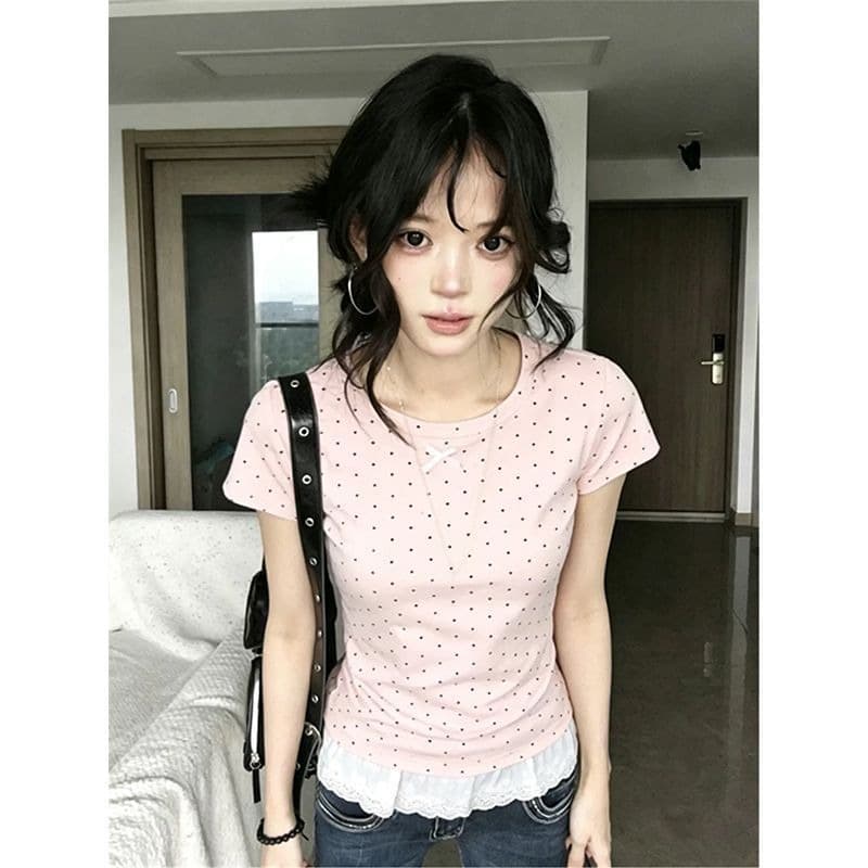 한 부서 레트로 레이스 도트 무늬 반팔 티셔츠 여성 여름 새로운 작은 대중 디자인 센스 몸매 가꾸기 슬림해 보이는 다용도 맨위 이미지 5