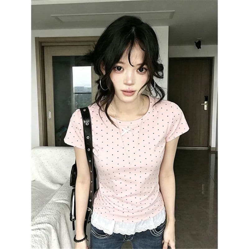 한 부서 레트로 레이스 도트 무늬 반팔 티셔츠 여성 여름 새로운 작은 대중 디자인 센스 몸매 가꾸기 슬림해 보이는 다용도 맨위 상세 이미지 3