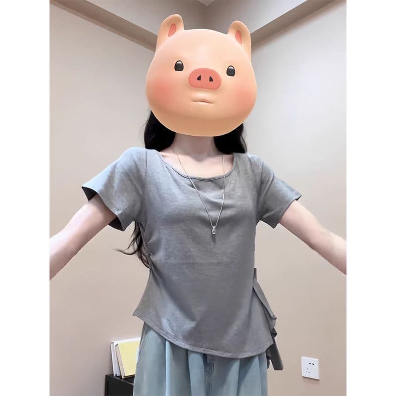 좋은 면 순수한 욕망 바람 프릴 펌프 로프 허리 수축 반팔 티셔츠 여성 ins 여름 새로운 몸매 가꾸기 슬림해 보이는 다용도 맨위 상세 이미지 1