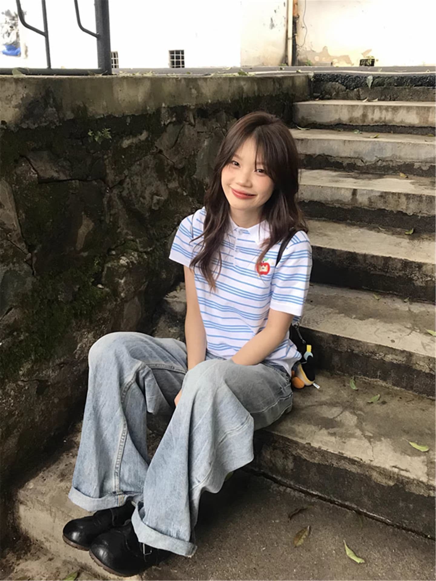 학원 스타일 블루 화이트 스트라이프 POLO 셔츠 반팔 티셔츠 여성 여름 새로운 몸매 가꾸기 슬림해 보이는 디자인 센스 다용도 맨위 상세 이미지 1