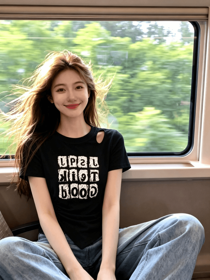 40s 모방 면 1x1 리브 패션 디자인 홀로우 아웃 라운드 넥 긍정적 인 어깨 반팔 티셔츠 여성 여름 새로운 슬림해 보이는 맨위 상세 이미지 8