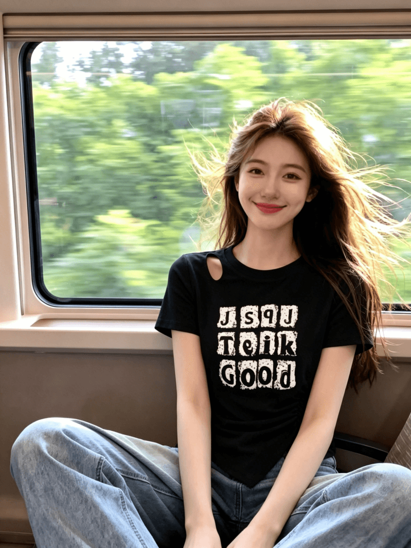 40s 모방 면 1x1 리브 패션 디자인 홀로우 아웃 라운드 넥 긍정적 인 어깨 반팔 티셔츠 여성 여름 새로운 슬림해 보이는 맨위 상세 이미지 9