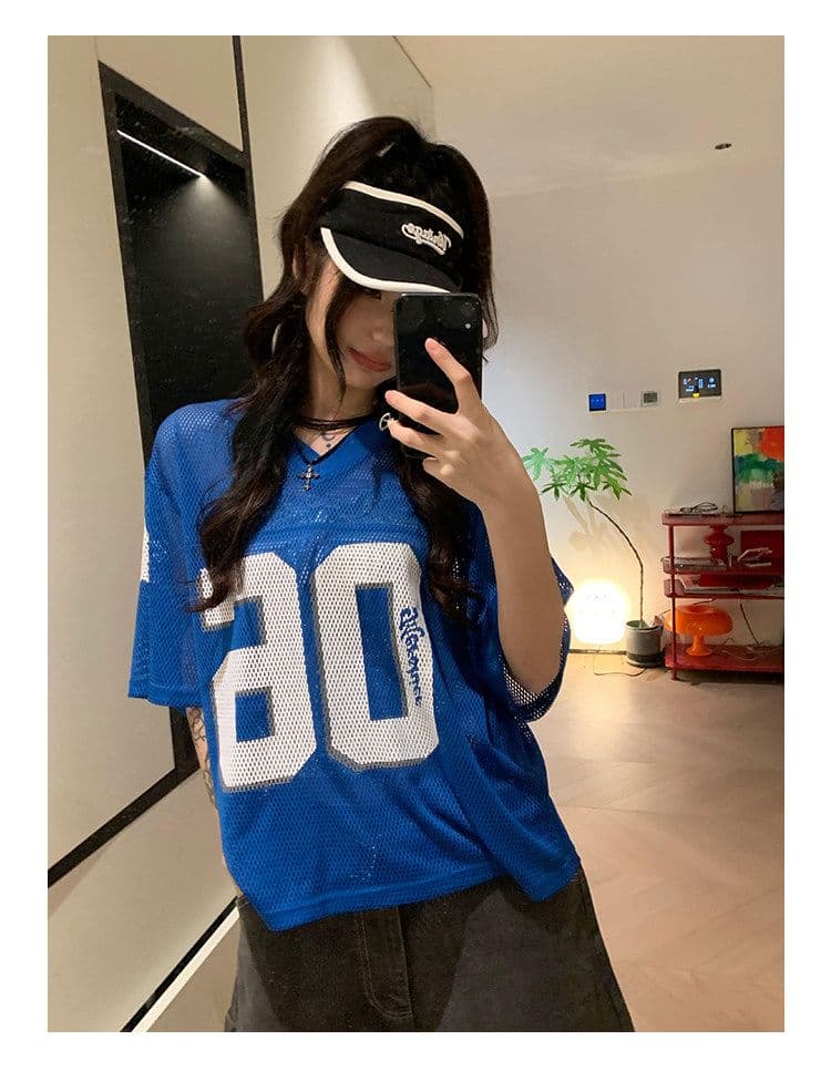 저지 거리 레트로 아메리칸 공 서비스 반팔 티셔츠 남녀 여름 파란색 알파벳 프린트 대 메쉬 이미지 3