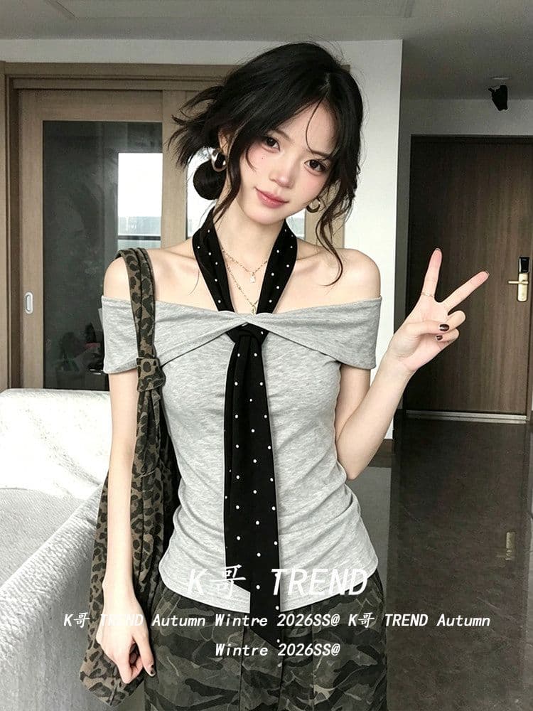 40 92 면 8 암모니아 Lun 2026 품격 도트 무늬 스트랩 오프숄더 행침 목 반팔 티셔츠 여성 여름 오프숄더 맨위 이미지 2