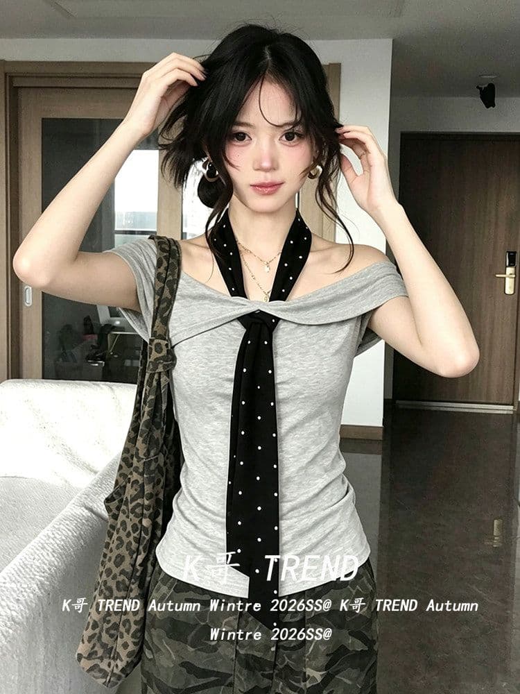 40 92 면 8 암모니아 Lun 2026 품격 도트 무늬 스트랩 오프숄더 행침 목 반팔 티셔츠 여성 여름 오프숄더 맨위 이미지 4