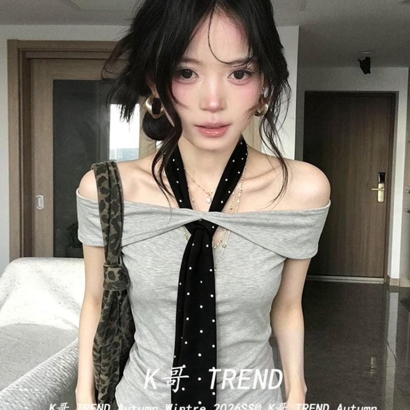 40 92 면 8 암모니아 Lun 2026 품격 도트 무늬 스트랩 오프숄더 행침 목 반팔 티셔츠 여성 여름 오프숄더 맨위 이미지 5