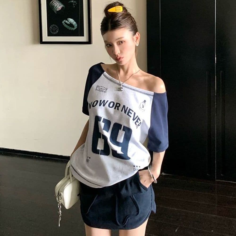 원본 품질 아메리칸 루즈핏 배색 알파벳 비스듬한 어깨 운동 반팔 티셔츠