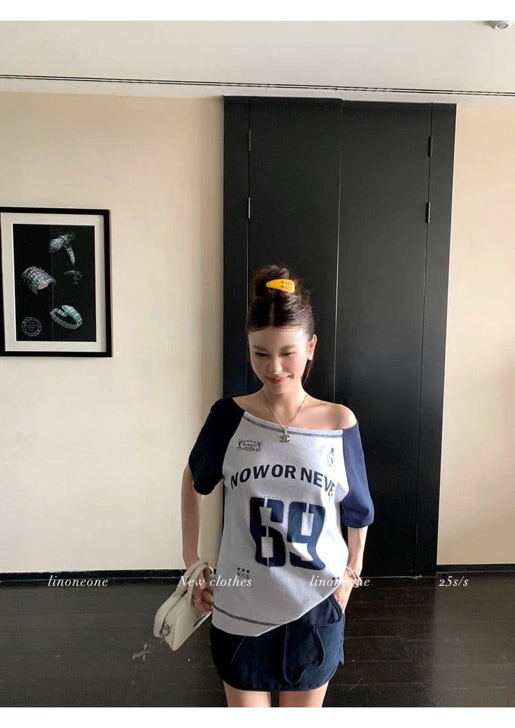 원본 품질 아메리칸 루즈핏 배색 알파벳 비스듬한 어깨 운동 반팔 티셔츠 상세 이미지 8