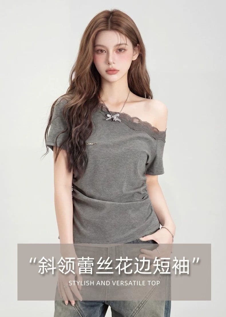 원본 품질 레이스 오프숄더 반팔 티셔츠 여성 여름 몸매 가꾸기 슬림해 보이는 맨위 상세 이미지 4