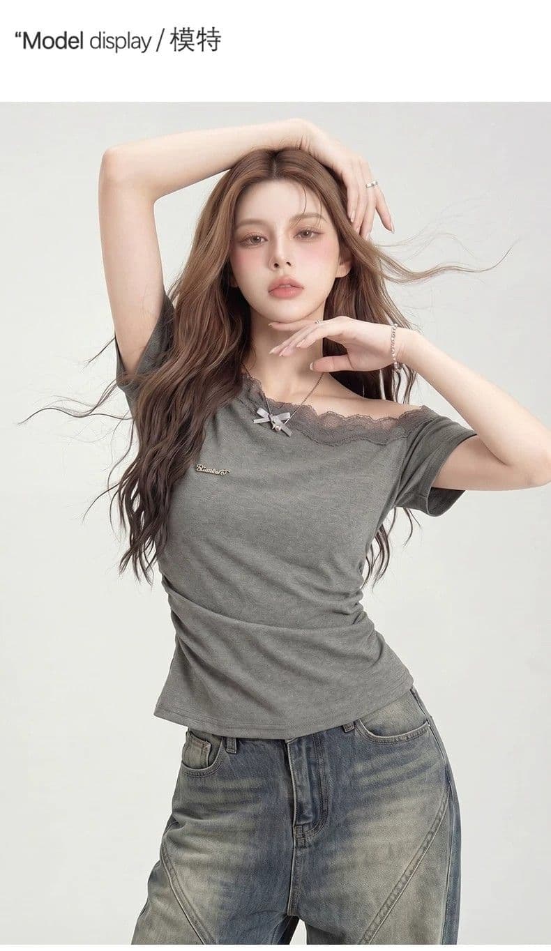 원본 품질 레이스 오프숄더 반팔 티셔츠 여성 여름 몸매 가꾸기 슬림해 보이는 맨위 상세 이미지 6