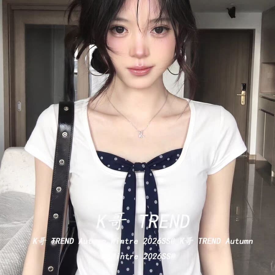 40 면 1 1 오스트리아 세대 서울 220 그램 화이트 나비 매듭 도트 무늬 페이크 레이어드 반팔 티셔츠 여성 이미지 5
