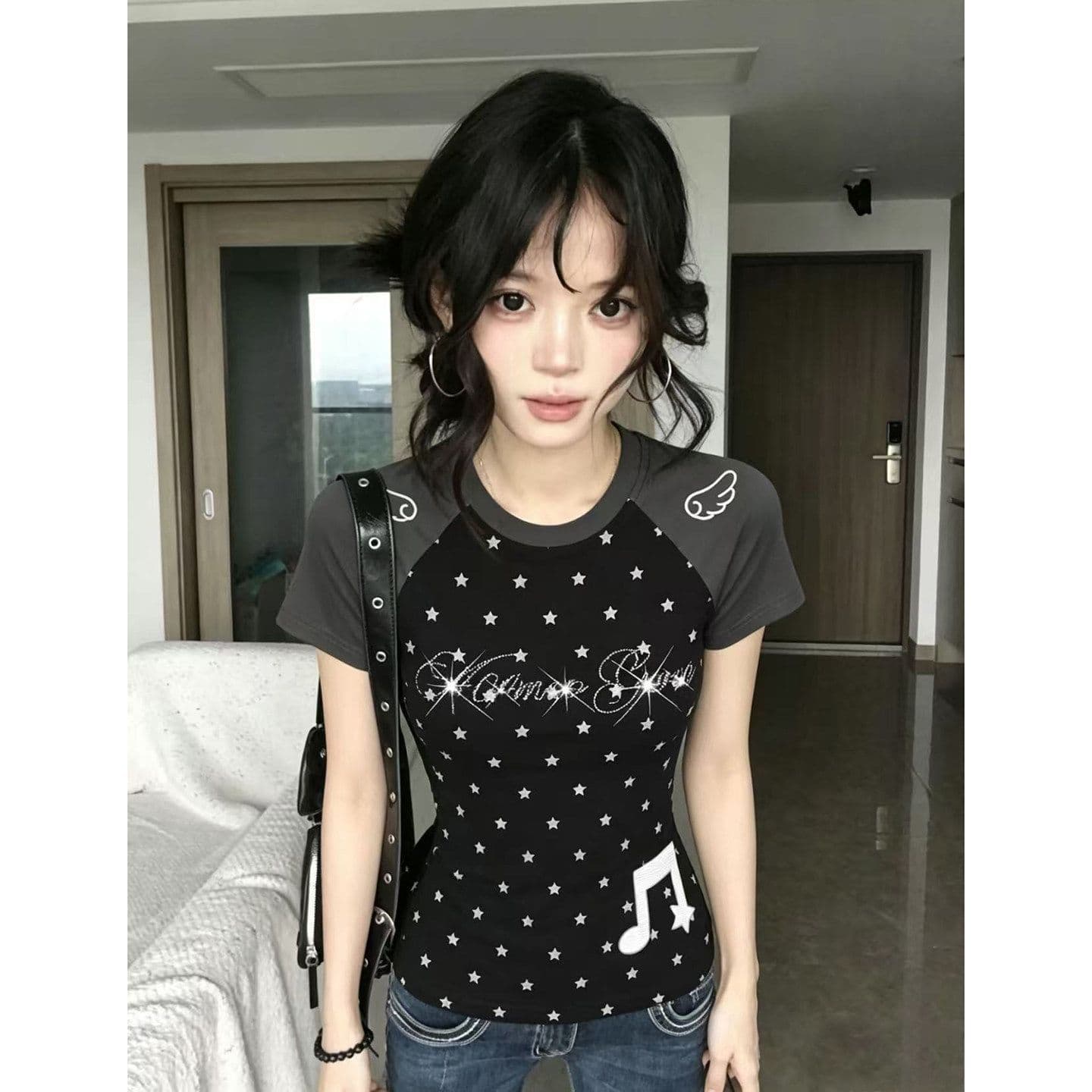 40 순면 210 그램 핫픽스 전체 인쇄 날개 쇼트 스타일 여름 새로운 긍정적 인 어깨 슬림해 보이는 다용도 맨위 이미지 3