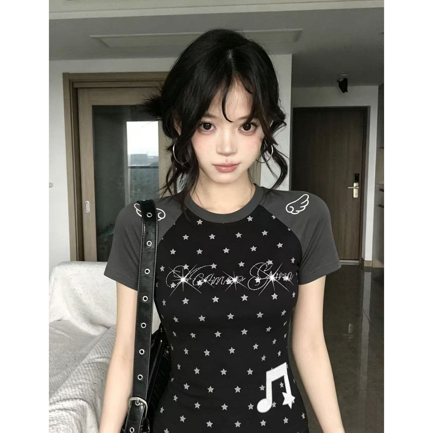 40 순면 210 그램 핫픽스 전체 인쇄 날개 쇼트 스타일 여름 새로운 긍정적 인 어깨 슬림해 보이는 다용도 맨위 상세 이미지 4