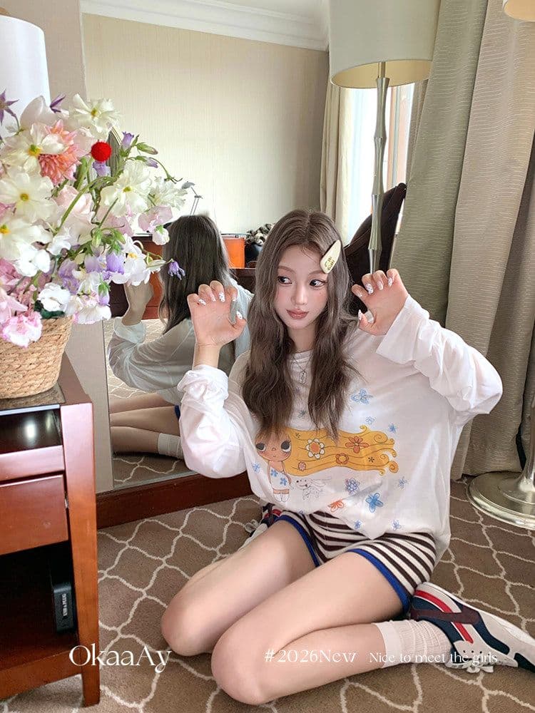 원본 라이 경기 서울 주간 실크 여름 재미있는 프린트 자외선 차단 티셔츠 여성 루즈핏 얇은 스타일 긴팔 맨위 블라우스 상세 이미지 5