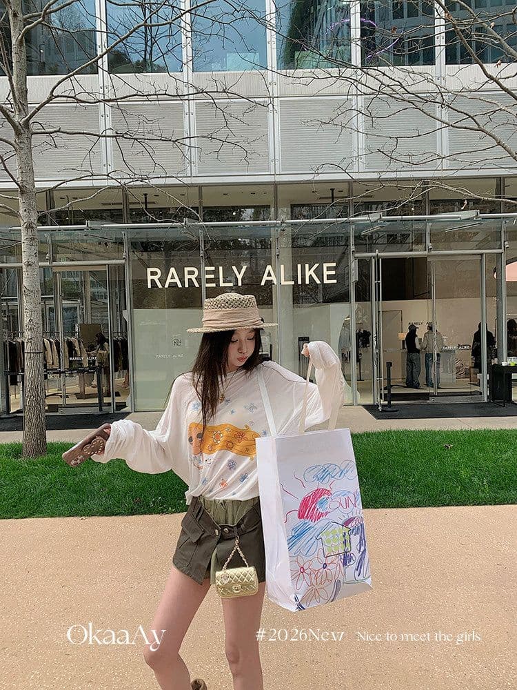 원본 라이 경기 서울 주간 실크 여름 재미있는 프린트 자외선 차단 티셔츠 여성 루즈핏 얇은 스타일 긴팔 맨위 블라우스 상세 이미지 19