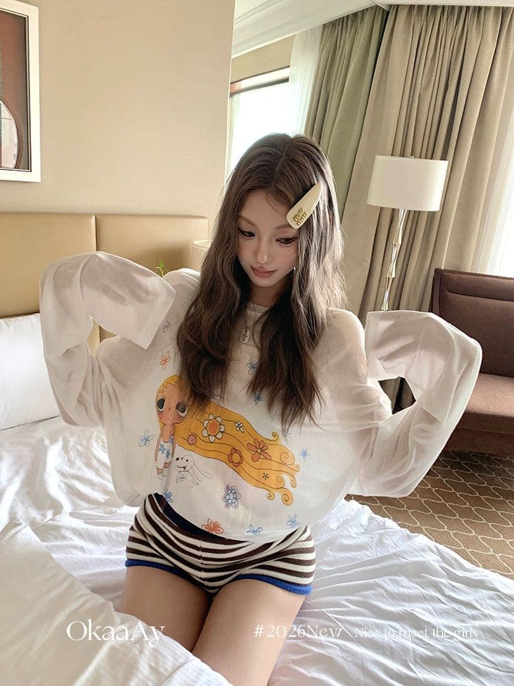 원본 라이 경기 서울 주간 실크 여름 재미있는 프린트 자외선 차단 티셔츠 여성 루즈핏 얇은 스타일 긴팔 맨위 블라우스 상세 이미지 21