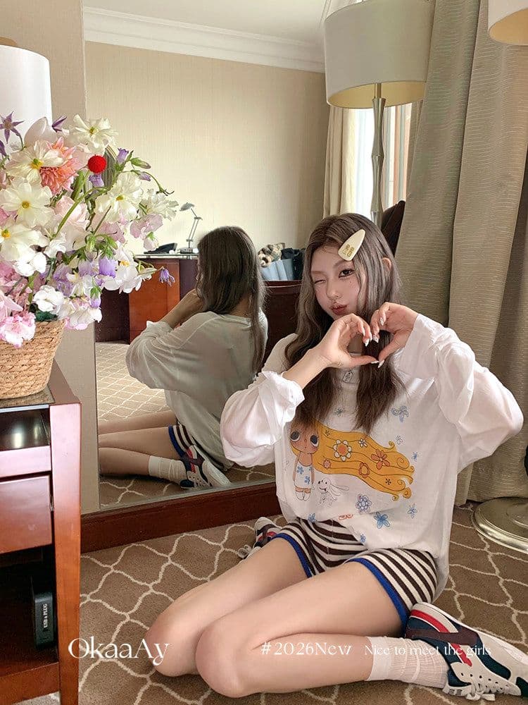 원본 라이 경기 서울 주간 실크 여름 재미있는 프린트 자외선 차단 티셔츠 여성 루즈핏 얇은 스타일 긴팔 맨위 블라우스 상세 이미지 23