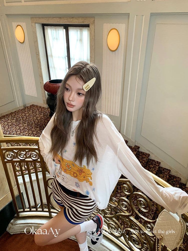 원본 라이 경기 서울 주간 실크 여름 재미있는 프린트 자외선 차단 티셔츠 여성 루즈핏 얇은 스타일 긴팔 맨위 블라우스 상세 이미지 34