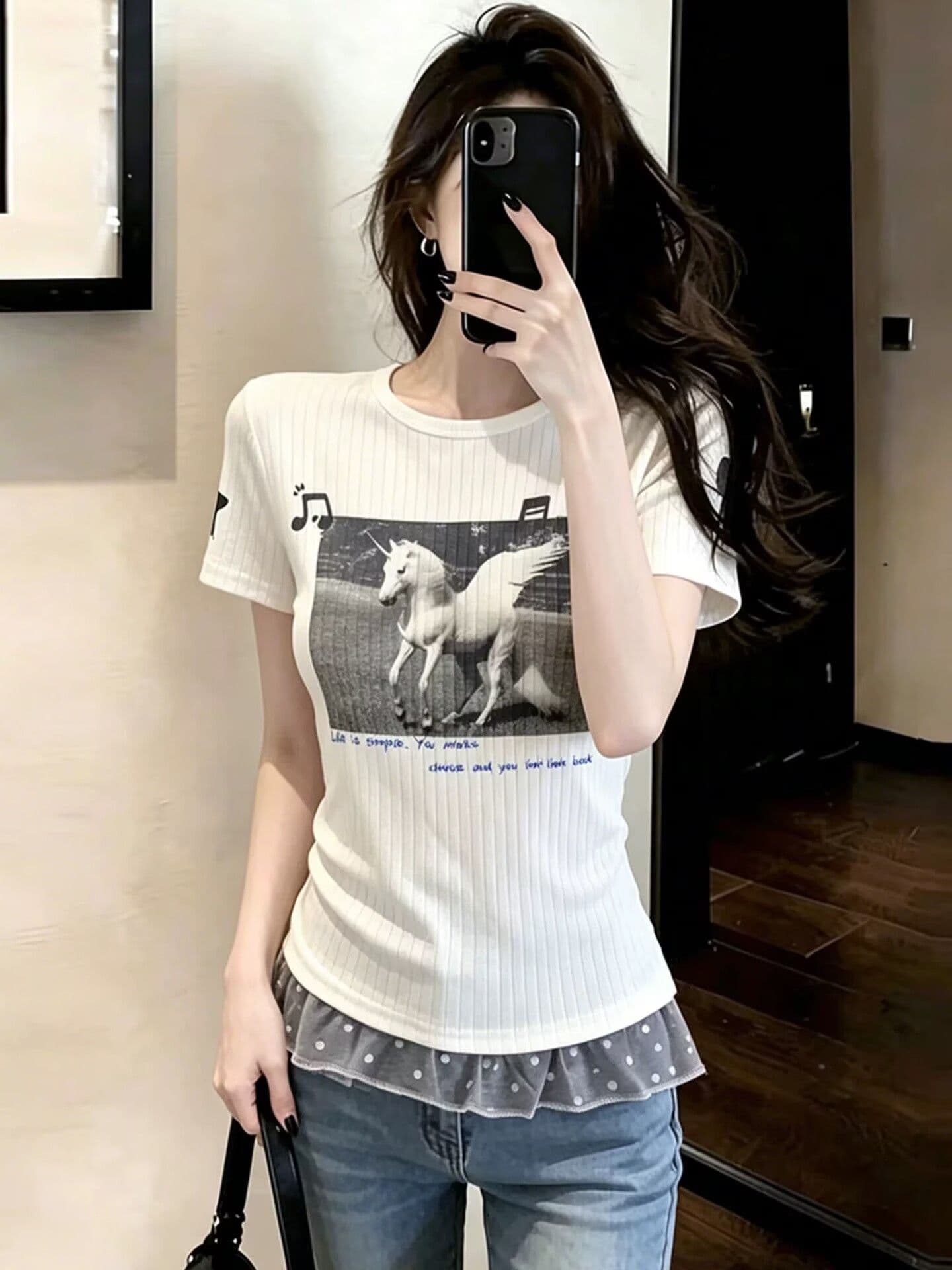 광저우 원본 원단 참고 유니콘 반팔 티셔츠 여성 여름 밑단 도트 무늬 레이스 맨위 상세 이미지 4