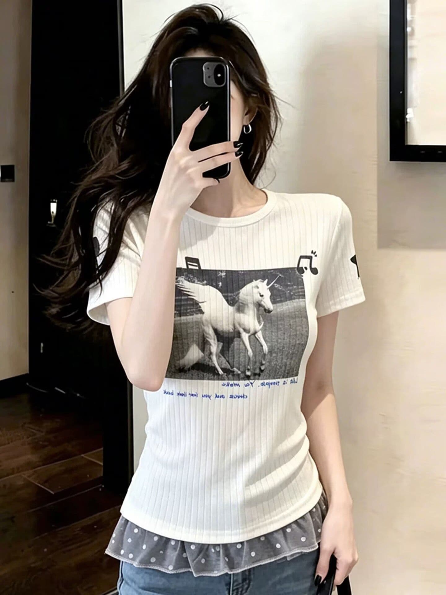 광저우 원본 원단 참고 유니콘 반팔 티셔츠 여성 여름 밑단 도트 무늬 레이스 맨위 상세 이미지 5