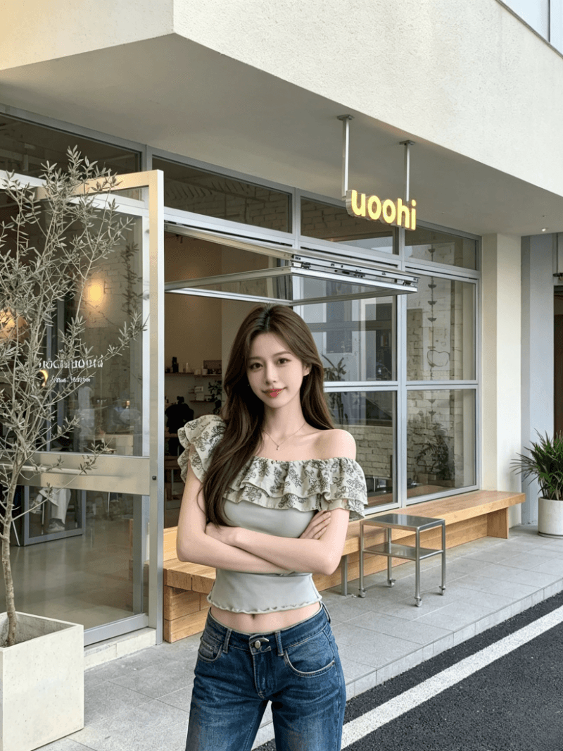 프랑스식 새로운 프릴 오프숄더 티셔츠 여성 의류 여름 다용도 Chic 슬림해 보이는 품격 허리 수축 쇼트 스타일 맨위 상세 이미지 4