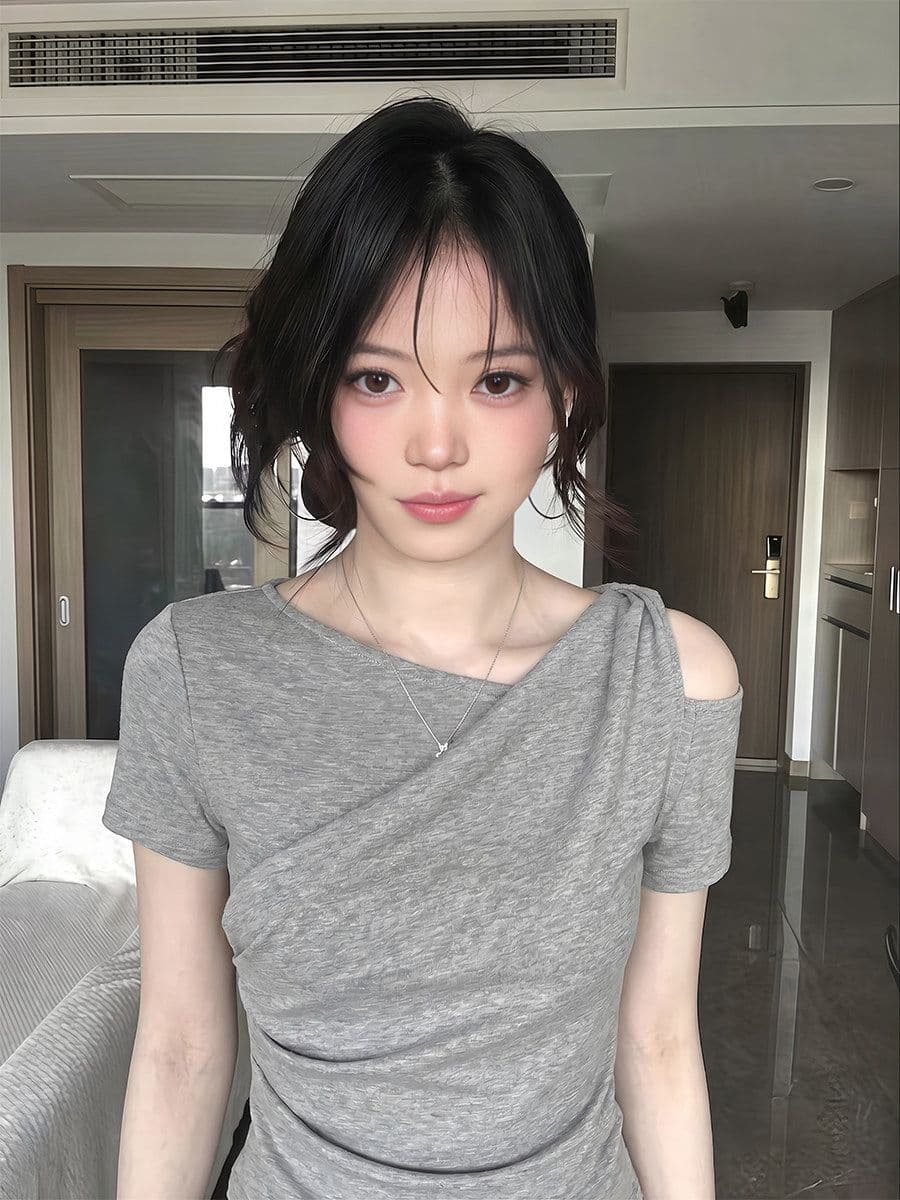 사람들 면 모달 1 1 와 사고 방식 260 그램 한 부서 회색 비스듬한 어깨 허리 수축 반팔 티셔츠 오프숄더 맨위 이미지 3