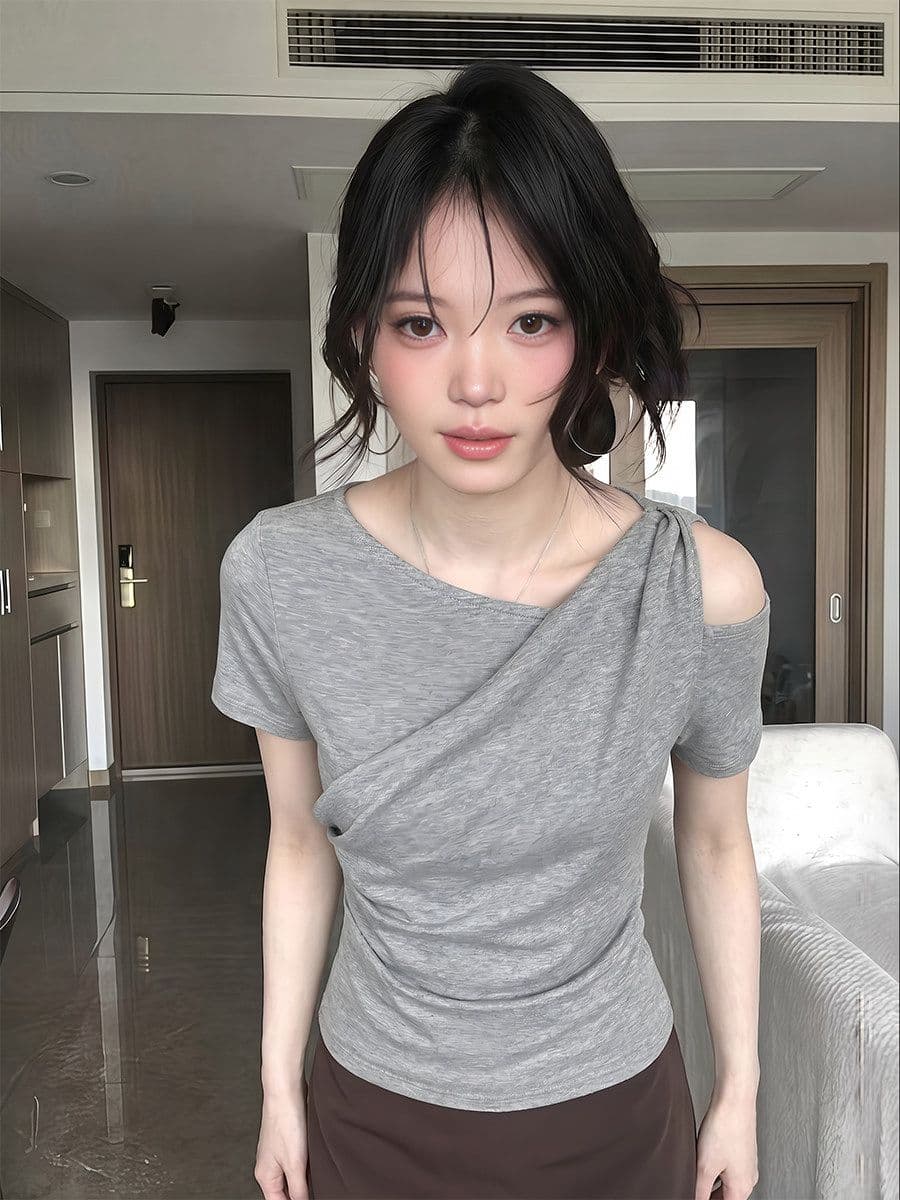 사람들 면 모달 1 1 와 사고 방식 260 그램 한 부서 회색 비스듬한 어깨 허리 수축 반팔 티셔츠 오프숄더 맨위 상세 이미지 3