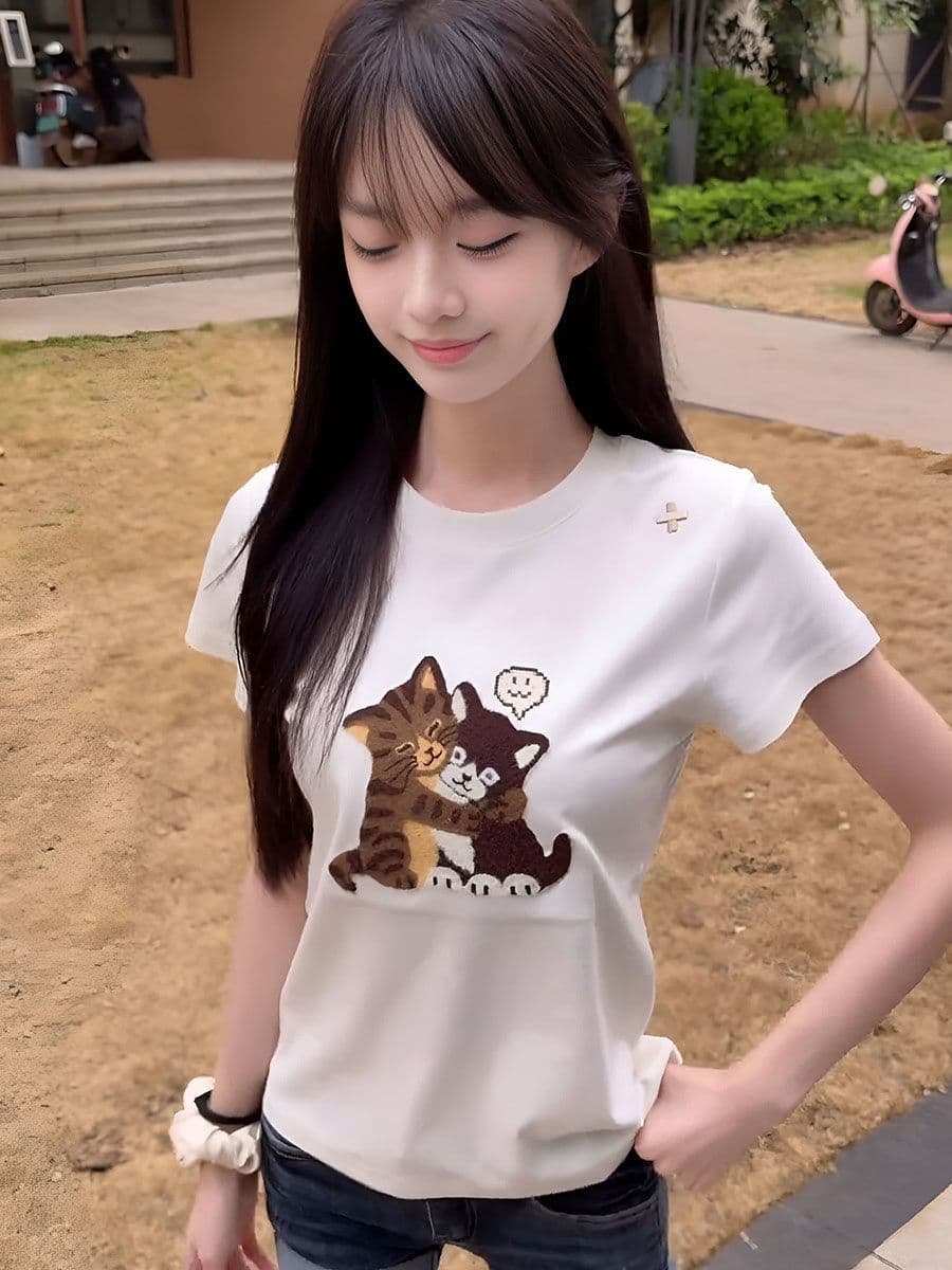 210 그램 40 좋은 면 1 1 디자인 센스 만화 고양이 프린트 긍정적 인 어깨 반팔 티셔츠 여성 여름 맨위 이미지 4