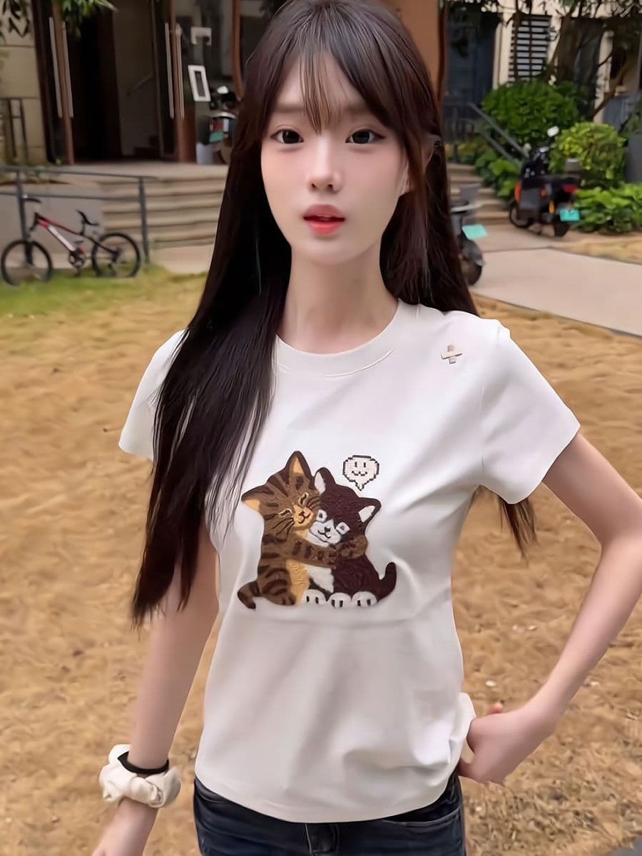210 그램 40 좋은 면 1 1 디자인 센스 만화 고양이 프린트 긍정적 인 어깨 반팔 티셔츠 여성 여름 맨위