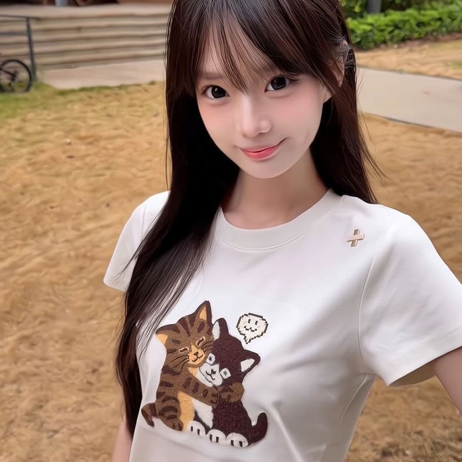 210 그램 40 좋은 면 1 1 디자인 센스 만화 고양이 프린트 긍정적 인 어깨 반팔 티셔츠 여성 여름 맨위 이미지 5