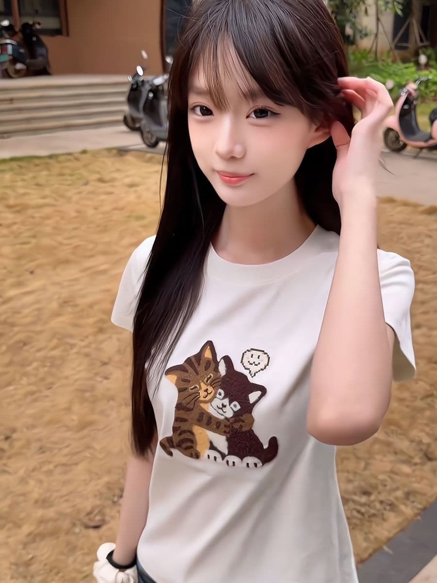 210 그램 40 좋은 면 1 1 디자인 센스 만화 고양이 프린트 긍정적 인 어깨 반팔 티셔츠 여성 여름 맨위 상세 이미지 3