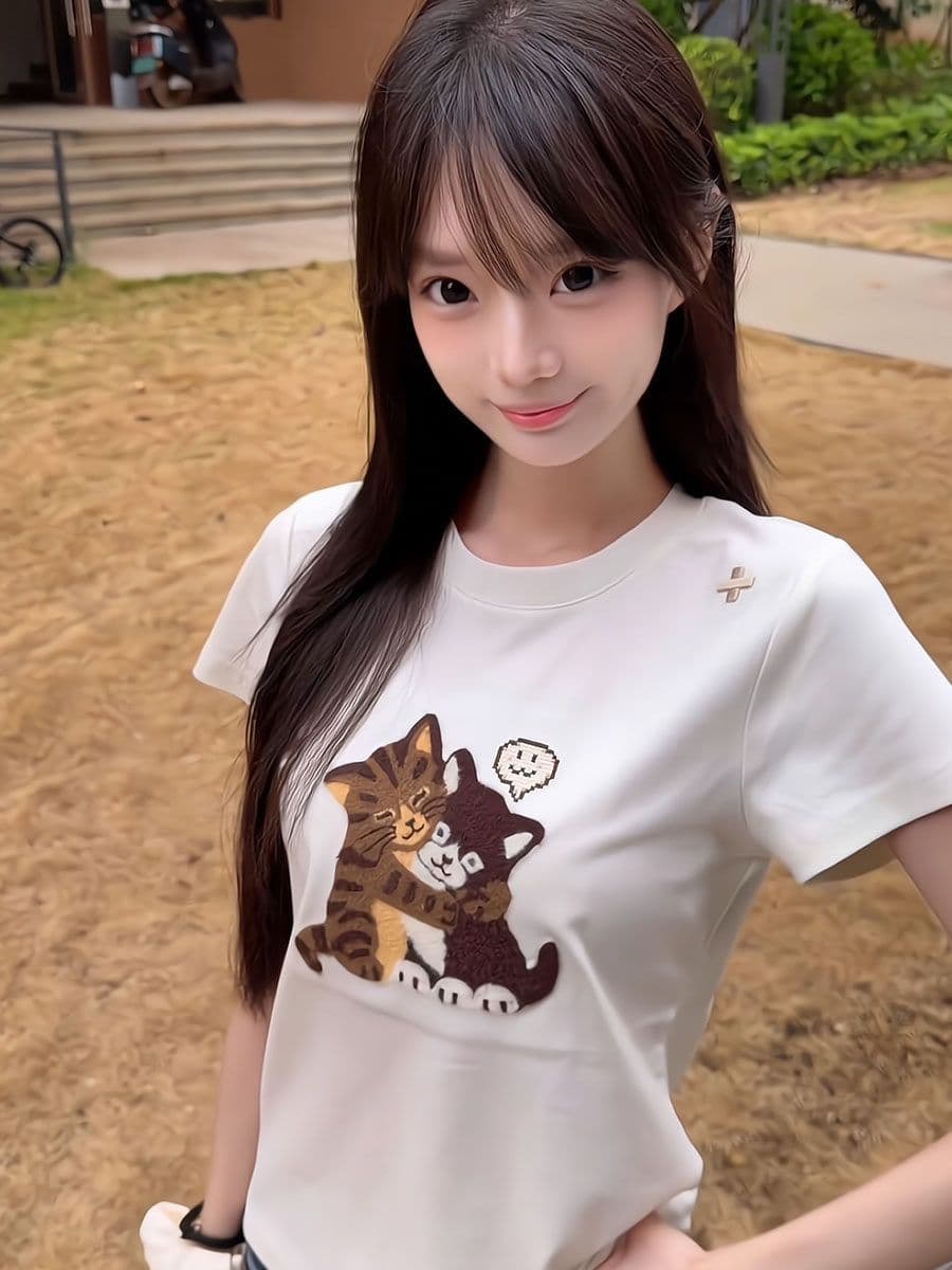210 그램 40 좋은 면 1 1 디자인 센스 만화 고양이 프린트 긍정적 인 어깨 반팔 티셔츠 여성 여름 맨위 상세 이미지 4