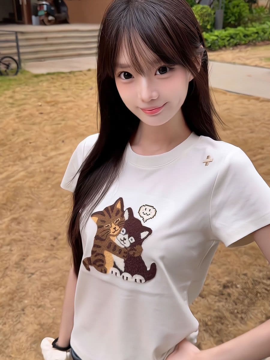 210 그램 40 좋은 면 1 1 디자인 센스 만화 고양이 프린트 긍정적 인 어깨 반팔 티셔츠 여성 여름 맨위 상세 이미지 5