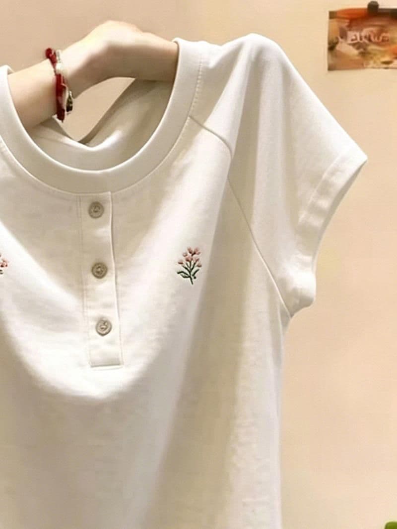 210 그램 40 면 아메리칸 레트로 자수 화이트 긍정적 인 어깨 반팔 티셔츠 여성 여름 몸매 가꾸기 슬림해 보이는 허리 수축 쇼트 스타일 이미지 4