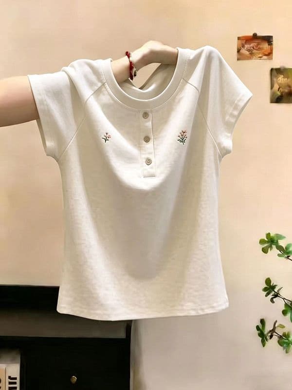 210 그램 40 면 아메리칸 레트로 자수 화이트 긍정적 인 어깨 반팔 티셔츠 여성 여름 몸매 가꾸기 슬림해 보이는 허리 수축 쇼트 스타일 상세 이미지 2