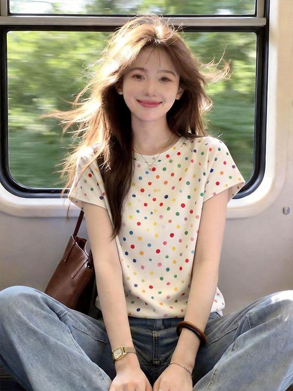 210 그램 40 면 도트 무늬 긍정적 인 어깨 반팔 티셔츠 여성 2026 여름 새로운 몸매 가꾸기 슬림해 보이는 다용도 쇼트 스타일 맨위 상세 이미지 7