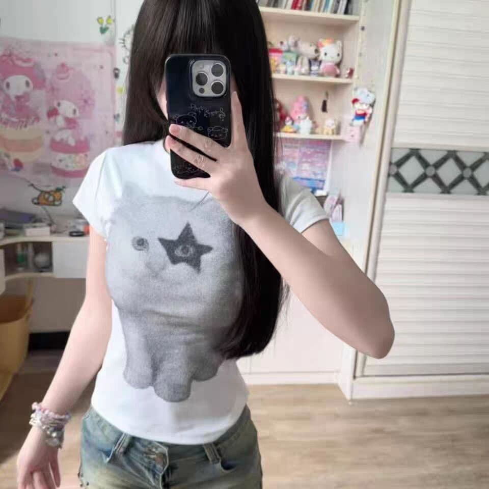 40 면 1 1 오스트리아 세대 서울 220 그램 슈퍼 잘 생긴 귀여운 고양이 프린트 반팔 티셔츠 여성 상세 이미지 1