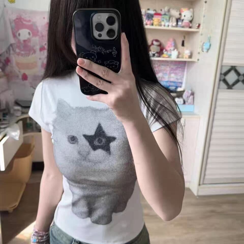 40 면 1 1 오스트리아 세대 서울 220 그램 슈퍼 잘 생긴 귀여운 고양이 프린트 반팔 티셔츠 여성 상세 이미지 2