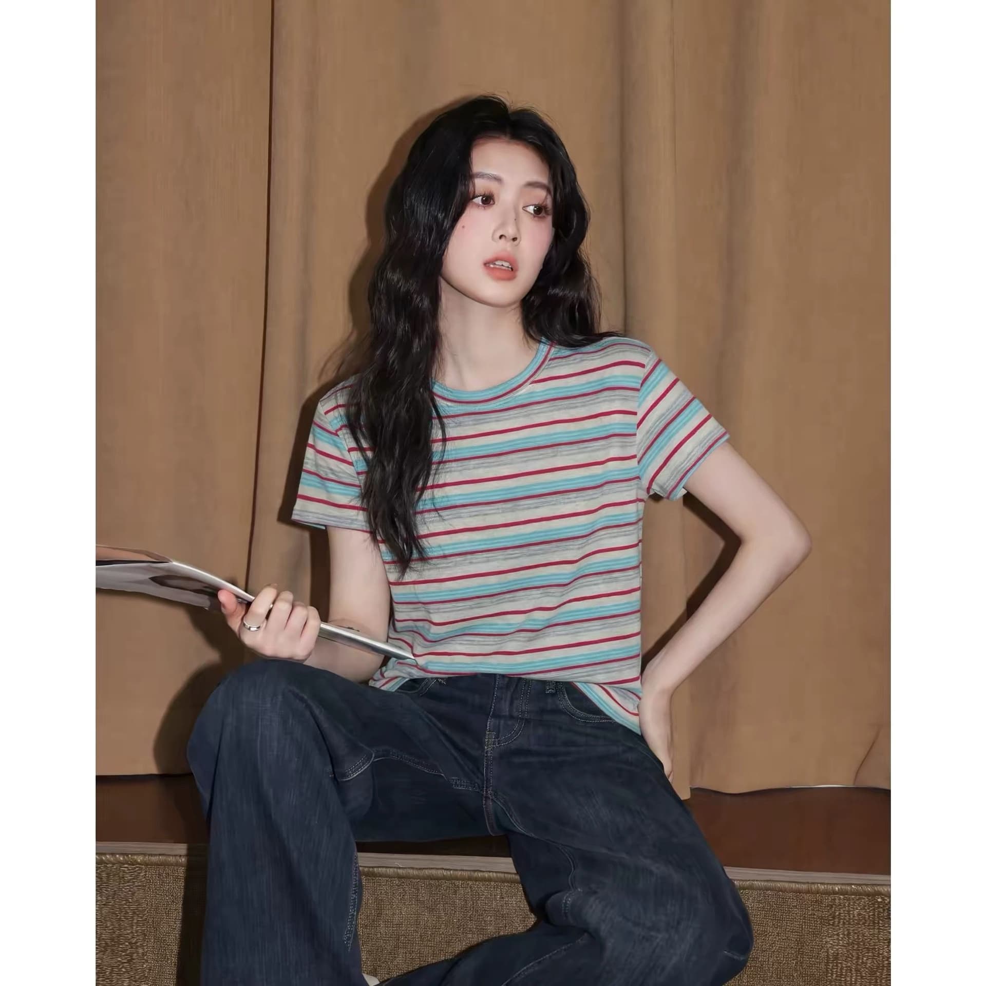 65 면 35 폴리 에스터 원본 원단 정가 스트라이프 반팔 여성 티셔츠 여름 색상 라운드 넥 긍정적 인 어깨 의류 상세 이미지 1