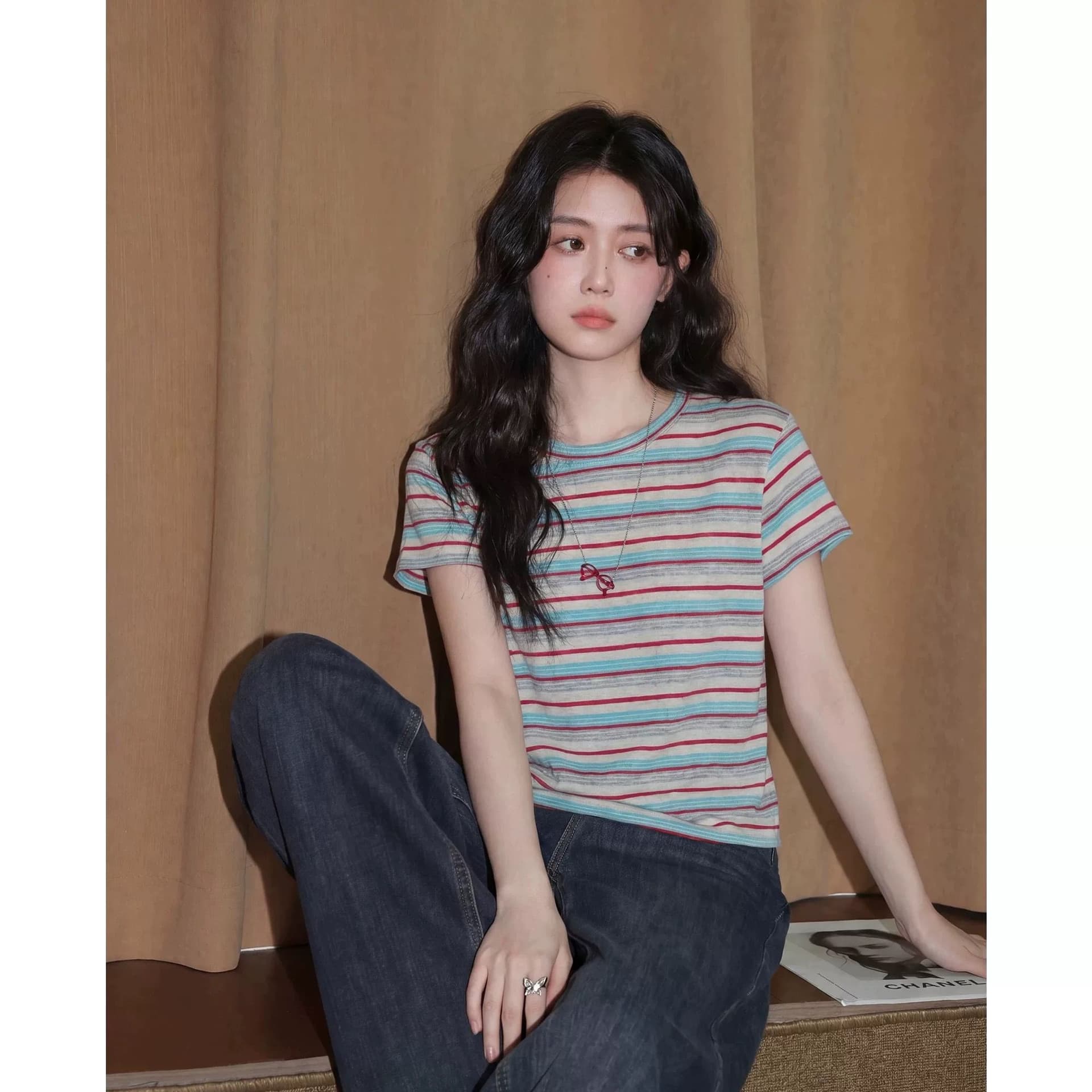65 면 35 폴리 에스터 원본 원단 정가 스트라이프 반팔 여성 티셔츠 여름 색상 라운드 넥 긍정적 인 어깨 의류 상세 이미지 3