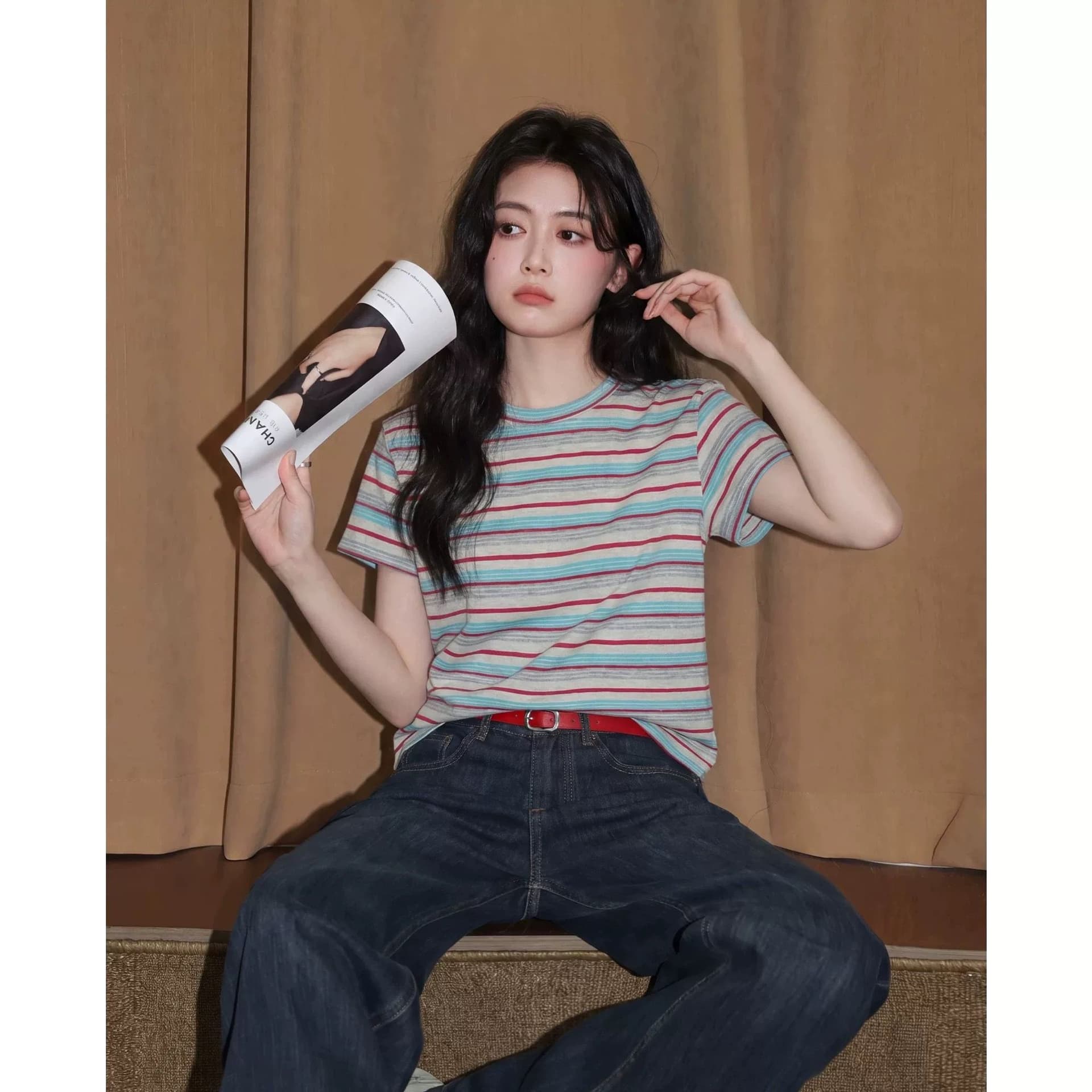 65 면 35 폴리 에스터 원본 원단 정가 스트라이프 반팔 여성 티셔츠 여름 색상 라운드 넥 긍정적 인 어깨 의류 상세 이미지 4