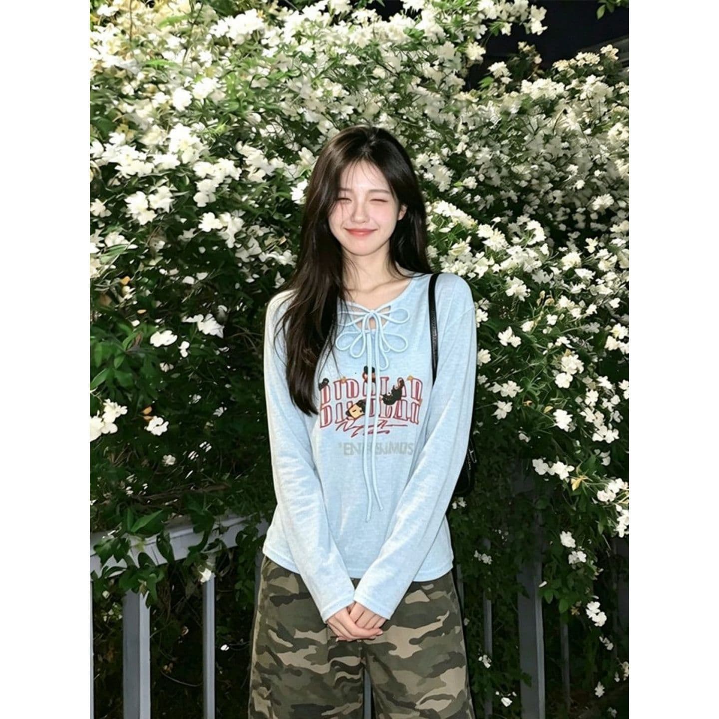 경관 그림 광저우 원본 눈꽃 주간 실크 2 2 한국 스타일 알파벳 프린트 캐주얼 다용도 긴팔 티셔츠