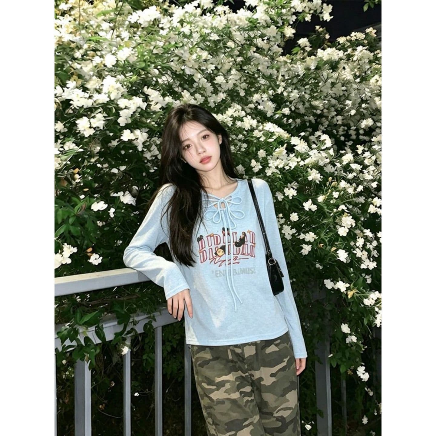 경관 그림 광저우 원본 눈꽃 주간 실크 2 2 한국 스타일 알파벳 프린트 캐주얼 다용도 긴팔 티셔츠 이미지 2