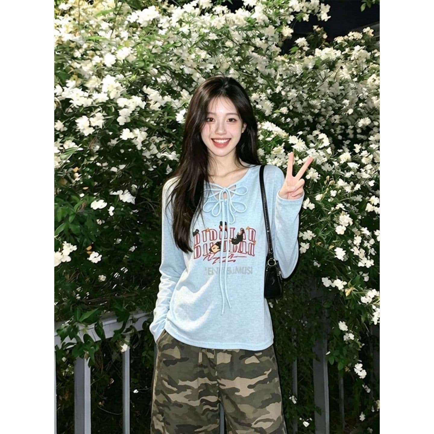 경관 그림 광저우 원본 눈꽃 주간 실크 2 2 한국 스타일 알파벳 프린트 캐주얼 다용도 긴팔 티셔츠 이미지 3