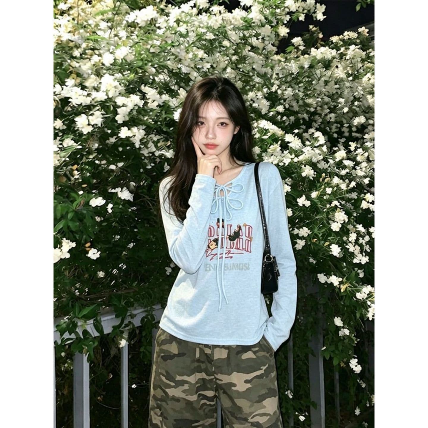 경관 그림 광저우 원본 눈꽃 주간 실크 2 2 한국 스타일 알파벳 프린트 캐주얼 다용도 긴팔 티셔츠 상세 이미지 2